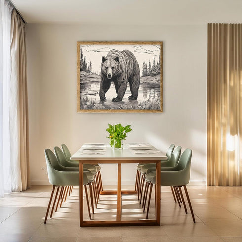 Posterizer 1 pcs- Black and white print of a Grizzly bear in nature-Art for Animal Lovers-Landscape Nature Art- Gift for Nature Beach Lovers-Decor...