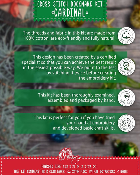 Povitrulya Cardinal - Counted Cross Stitch Bookmark Kit - DIY Embroidery set - Hand Made Christmas Gift for Adults and Kids with a Redbird sitting...