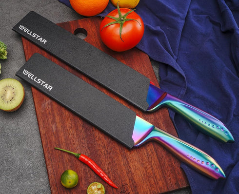 WELLSTAR Knife Edge Guards Set, 2 Piece Universal Blade Covers, BPA Free ABS Protective Blade Sheaths, Non-Scratch Felt Lining Kitchen Knives Cove...
