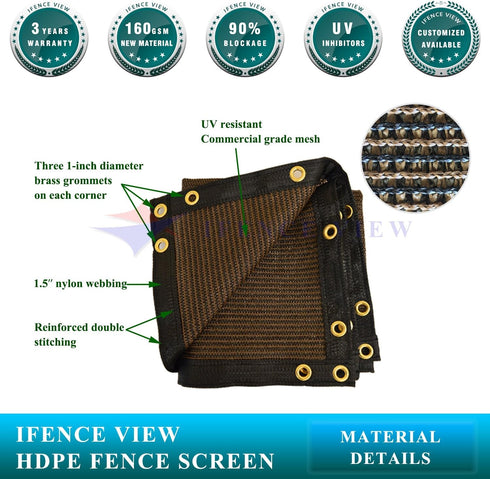 Ifenceview 3'x3' to 3'x50' Brown Shade Cloth/Fence Privacy Screen Fabric Mesh Net for Construction Site, Yard, Driveway, Garden, Canopy, Awning 16...