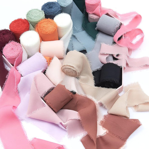 4 Rolls Blush Pink Handmade Fringe Chiffon Silk Ribbon 1"W x 5Yd Per Roll,Frayed Edges Ribbon Set for Gifts Wrapping,Wedding Invitations,Bouquets,...