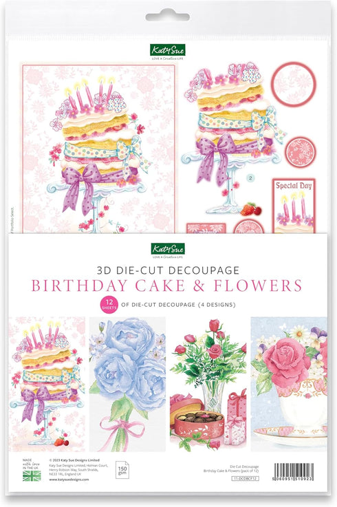 Katy Sue Designs Birthday Cake & Flowers 3D Die-Cut Decoupage Sheets for Card Making. A Pack of 12 Sheets of Birthday & Floral-Themed Die Cuts for...