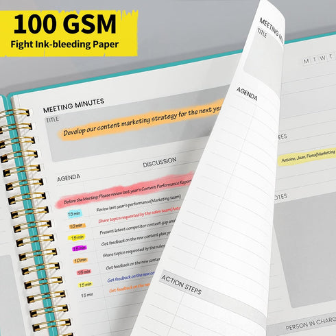 SUNEE Meeting Notebook for Work with Action Items - 160 Pages, B5 Size Project Planner, Spiral Meeting Agenda/Minutes Notebook Organizer for Women...