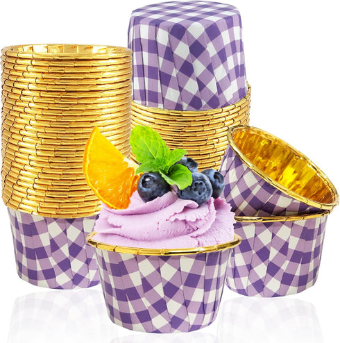 50 Pack Gingham Foil Cupcake Baking Cups, 3.5 Oz Checkered Gold Liners Muffin Mini Cake Mold Cups Wrappers Ramekins Holders (50, Purple Checkered)...