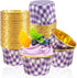 50 Pack Gingham Foil Cupcake Baking Cups, 3.5 Oz Checkered Gold Liners Muffin Mini Cake Mold Cups Wrappers Ramekins Holders (50, Purple Checkered)...