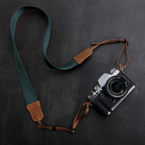 Padwa Lifestyle Dark Blue Green Camera Strap -Double Layer Crazy Horse Cowhide End,1.5" Wide Pure Cotton Woven Camera Straps,Adjustable Neck Shoul...