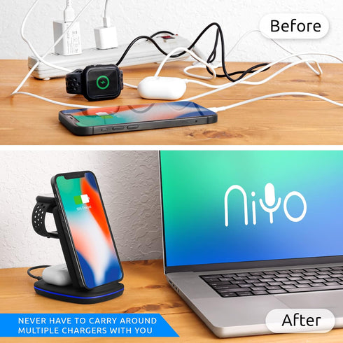 3-in-1 Wireless Charger Foldable - NiYo Universal Charging Station Compatible w/iPhone 14/13 Pro/13/12/11/Pro/SE/XS/XR/8, Apple Smartwatch & Airpo...