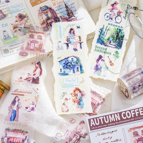 6pcs Decorative Adhesive Tapes INS Girls Coffee PET Tape Great for Bullet Journal Supplies, Arts, Scrapbook, DIY Crafts, Planners (zouguodejiejiao...