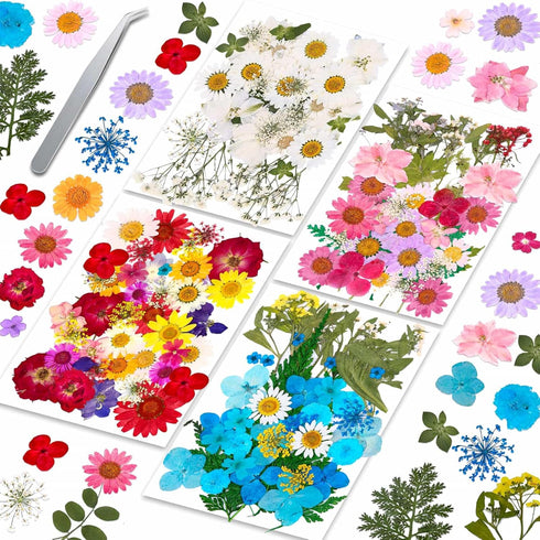 153 Pcs Dried Pressed Flowers for Crafts, Real Pressed Wildflowers Natural Dry Leaves Bulk with Tweezer for Epoxy Resin Jewelry Molds, Candle Soap...