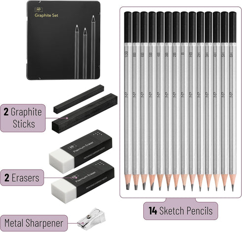 Mr. Pen- Sketch Pencils for Drawing, 19 pcs, Drawing Pencils for Sketching with Graphite Sticks, Erasers and Sharpener, Sketching Pencils, Art Pen...