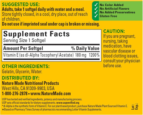 Nature Made Vitamin E 180 mg (400 IU) dl-Alpha, Dietary Supplement for Antioxidant Support, 180 Softgels, 180 Day Supply...