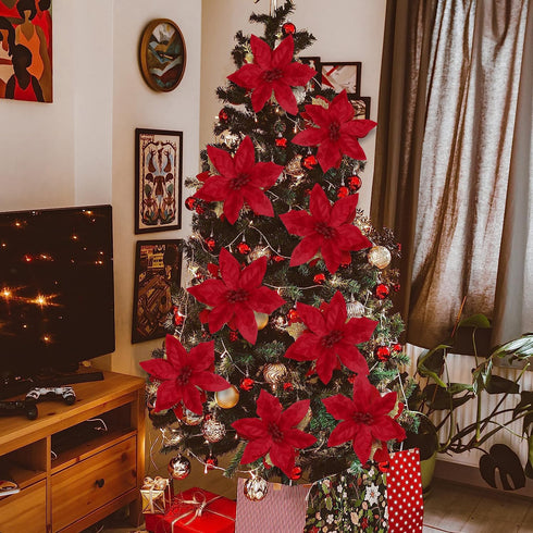 Homcomoda Christmas Red Artificial Flower Faux Poinsettia Bush Fake Flowers for Holiday Wedding Home Decoration 7 Heads 4 Bouquets...
