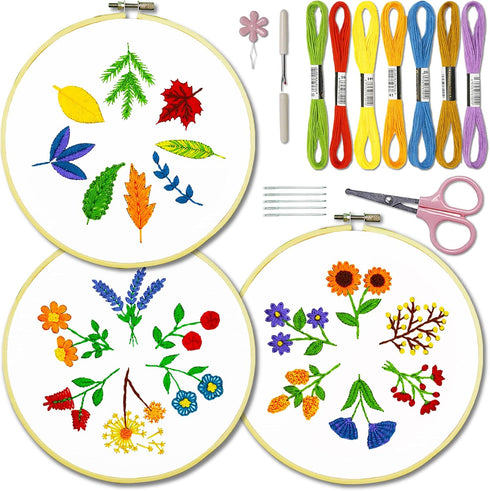 Bradove 3 Sets Leaves and Flowers Embroidery Practice Kit, Embroidery Kit for Beginners Adults, Learn to Embroider Kit Adult Beginner, Embroidery ...