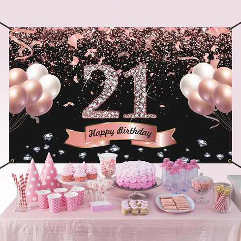 Trgowaul 21st Birthday Decorations for her - Rose Gold Birthday Backdrop 5.9 X 3.6 Fts for Women Happy 21st Banner Photography Background Party Su...