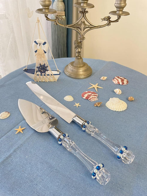 FISHBONE Stainless Steel Wedding Cake Knife and Server Set with Delicated Nautical Blue Rings Design - Perfect Cake Cutting Set for Weddings and S...