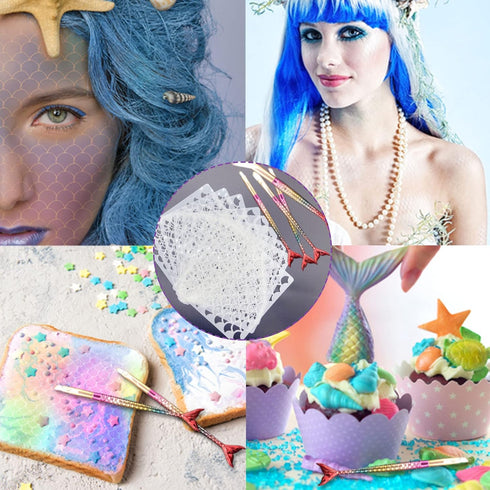 9 Pieces Mermaid Scale Stencil - Reusable Mermaid Face Makeup Stencils Fish Scale Templates and 4 Pcs Eye Makeup Brushes - Women Girl Cute Make Up...