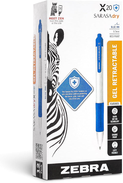 Zebra Pen Sarasa Dry X20+ Retractable Gel Pen, Plastic Barrel, Medium Point, 0.7mm, Blue Ink, 12-Pack...