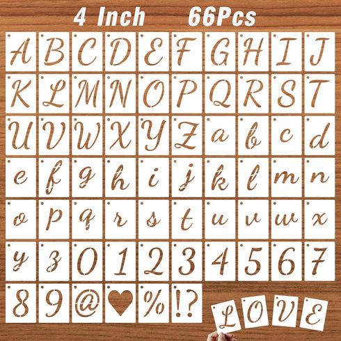 4 Inch Letter Stencils Kits, 66 Pcs Calligraphy Alphabet Stencils and Number Stencils for Painting on Wood, Cursive Lettering Stencil Upper and Lo...