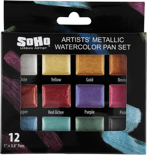 Soho Urban Artist Metallic Watercolors Set – 12 Vibrant Metallic Half Pans in Travel Case – Professional Shimmer Watercolor Paint Set for Artists,...