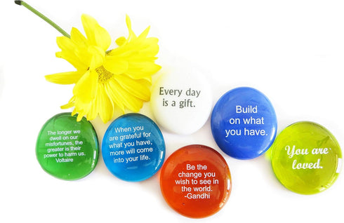 Lifeforce Glass Encouragement Stones, Motivational and Inspirational Quotes and Sayings on Translucent and Opaque Glass Stones, Set of 6...