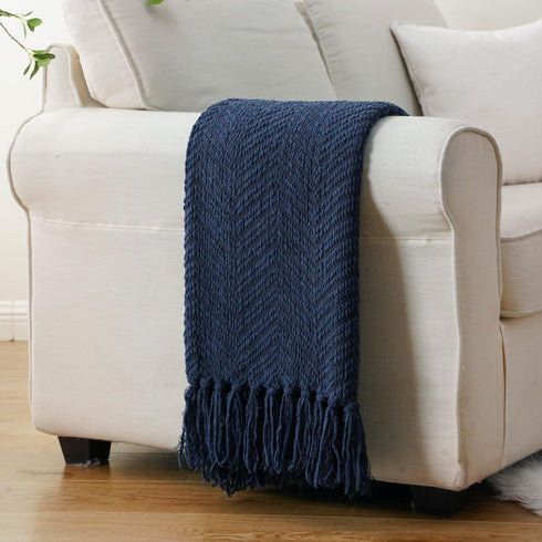BATTILO HOME Navy Blue Throw Blanket for Couch, Knitted Blue Blanket Throw 50'' x 60'', Super Soft Warm Navy Throws for Chair Sofa Home Decor...
