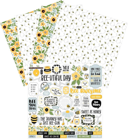 Bee Scrapbook Stickers - Kit with Honey Bee Scrapbook Paper 12x12 Inch | Floral, Bee Cardstock Paper, Sticker Set for DIY Craft, Card Making, Albu...