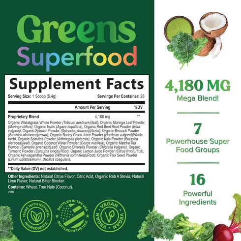 Greens Superfood Powder - Original Organic Greens Smoothie & Juice Mix Powder, Antioxidants & Probiotics, Spirulina, Chlorella, Beet Root, Whole F...