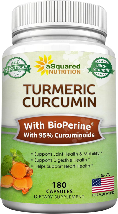 aSquared Nutrition Turmeric Curcumin 1300mg with BioPerine Black Pepper Extract - 180 Capsules - with 95% Curcuminoids, 100% Natural Tumeric Root ...