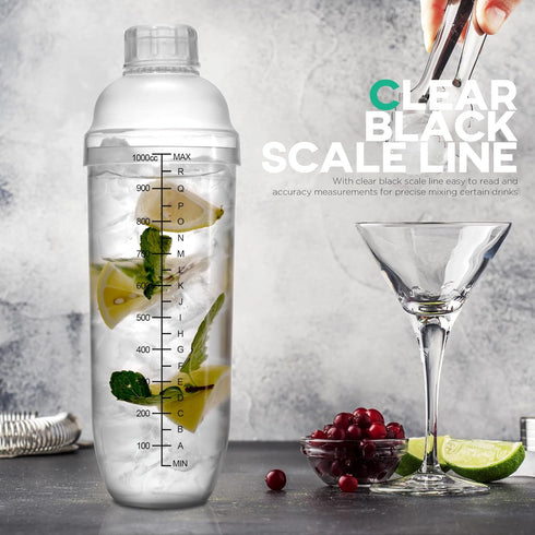 Homestia Plastic Cocktail Shaker with Measuring Jigger Set, 1000cc / 33 oz Clear Plastic Bottle Boba Tea Shaker Cup with Scales, Drink Mixer Cockt...