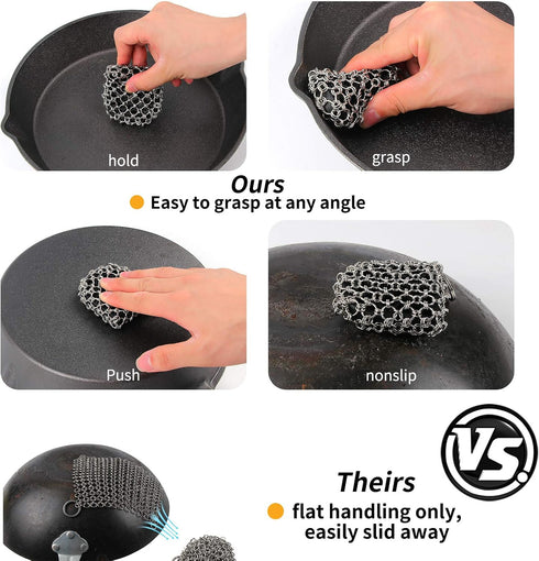 Cast Iron Scrubber Skillet Cleaner 316 Chainmail Scrubber for Cast Iron Pan, Silicone Insert Light Weight Life Time Use Herda Chain Mail Metal Scr...
