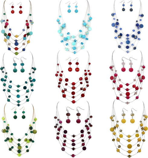 Layered Bead Statement Necklace For Women with Handmade Colorful Shell Boho Turquoise Green Red Stone Fashion choker Illusion Necklace Costume Tre...