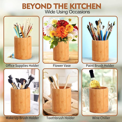 Bamboo Utensil Holder, Large Utensil Holders for Kitchen Counter, Bamboo Spoon and Chopstick Holder for Kitchen Decor, Flatware and Spatula Storag...