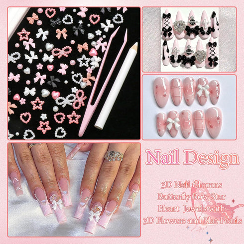 BELICEY 3D Bow Nail Charms 600PCS Flowers Nail Charm Pink&White Flatback Pearls Beads Star Heart Bowknot Cute Nail Charms Nail Supplies Accessorie...
