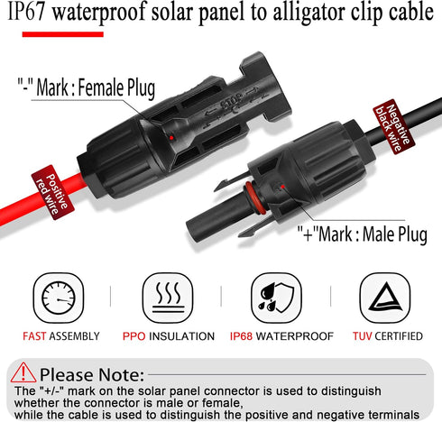 QIANRENON Solar Panel Connector Cable 12AWG Solar Panel Connector to Battery Clip Extension Cable Alligator Clip to Male & Female Solar Connectors...