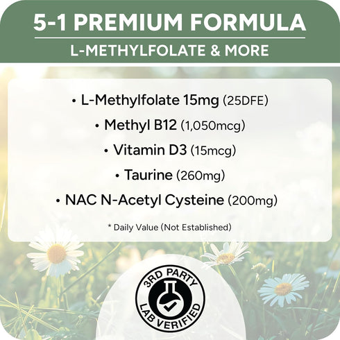 L-Methylfolate 15mg (Bioactive B9 Folate) plus Methyl B12, D3, Taurine & NAC | Professional Strength Active 5-MTHF Supplement | Supports Mood, Ner...