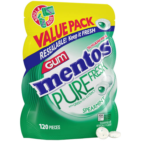 Mentos Pure Fresh Sugar-Free Chewing Gum with Xylitol, Spearmint, 120 Piece Bulk Resealable Bag (Pack of 1)...