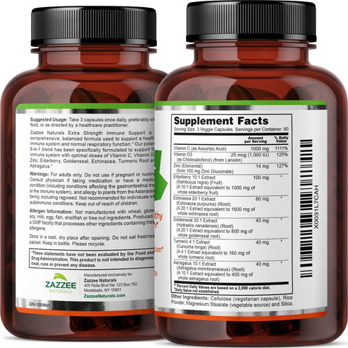 Zazzee Extra Strength 8-in-1 Immune Support, 1400 mg per Capsule, 180 Vegan Capsules, 1000 mg Vitamin C, 1000 IU mg D3, Zinc, Elderberry, Echinace...
