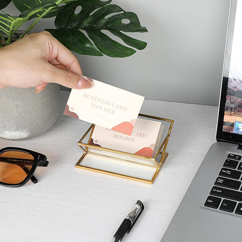 Hipiwe Glass Business Card Holder for Desk, Golden Metal Frame Business Card Display Stand for Office Reception Exhibition Meeting Desktop Organiz...