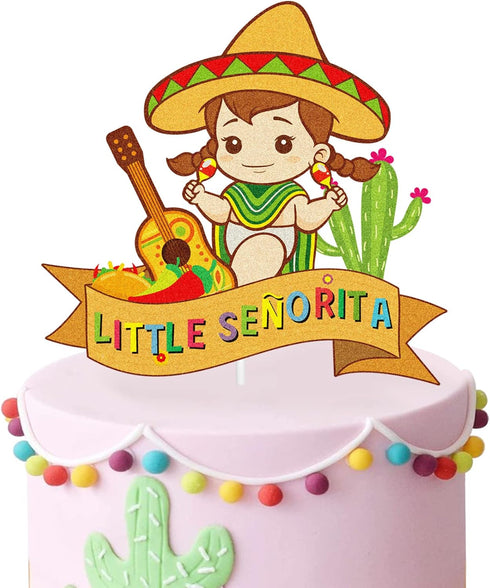 Little Senorita Birthday Cake Topper - Girl Baby Shower - Gender Reveal Baby Senoria On Her Way - Glitter Sombrero Mexican Fiesta Party Decoration...