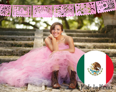Mexican Banner Flags Light Pink Papel Picado Over 60 feet Long, Pastel Pink tissue PAPER garland decorations for all occasions, Weddings, Quincean...