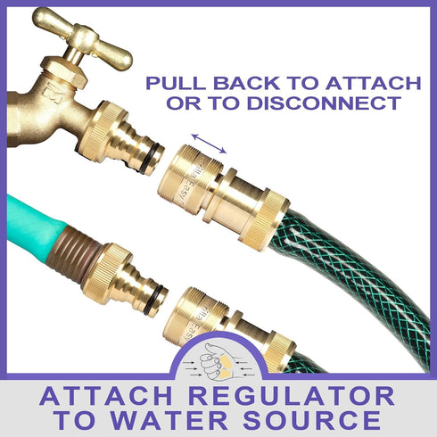 Soaker Hose Pressure Reducer Regulator with Integrated Female Quick Connector - Includes Male Connector with 3/4 GHT Threads and Integrated 1/2 In...