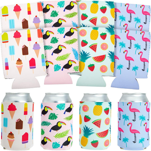 BLUE PANDA Neoprene Can Cooler Sleeves Summer Gift for Teacher - 12-Pack 4 Tropical Designs 2.5 x 4 In Fits 12 Oz - Insulating Summer Drink Cozy -...