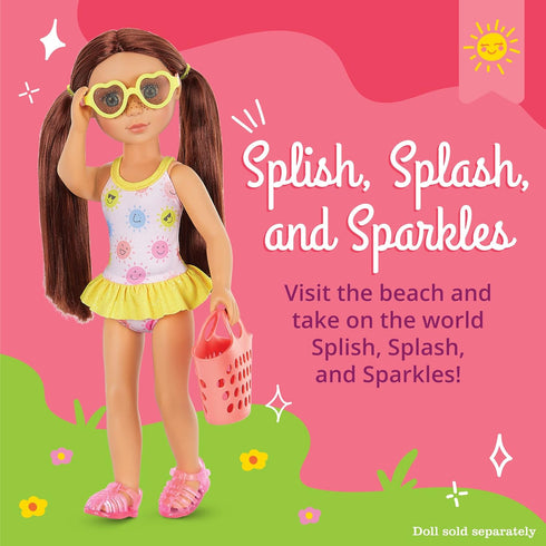 Glitter Girls – 14-inch Doll Clothes – 4Pcs Swimsuit Outfit – Sunny One-Piece & Beach Bag – Heart Sunglasses & Pink Sandals – 3 Years+ – Splish, S...
