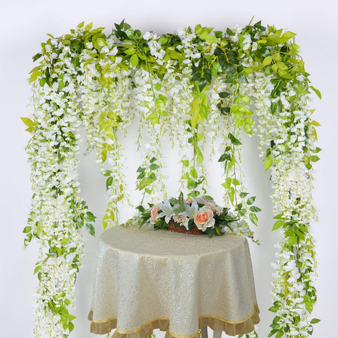 Lvydec Wisteria Artificial Flowers Garland, 4Pcs Total 28.8ft White Artificial Wisteria Vine Silk Hanging Flower for Home Garden Outdoor Ceremony ...
