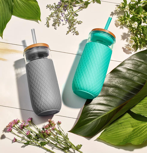 Ello Devon 18oz Glass Tumbler with Straw, Friction Fit Bamboo Wood Lid and Silicone Sleeve | Perfect for Iced Coffee, Tea, Matcha and Smoothies...