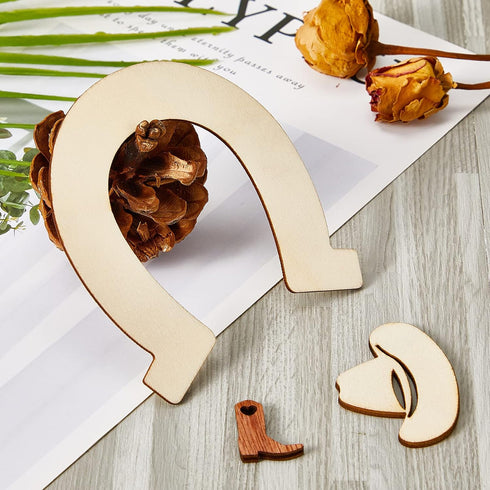 72 Pieces Unfinished Cowboy Wooden Cutouts Horseshoe Shape Wood Discs Slices Wood Cowboy Boot Hat Cutouts Wood Cowboy Theme Crafts for Western Cow...