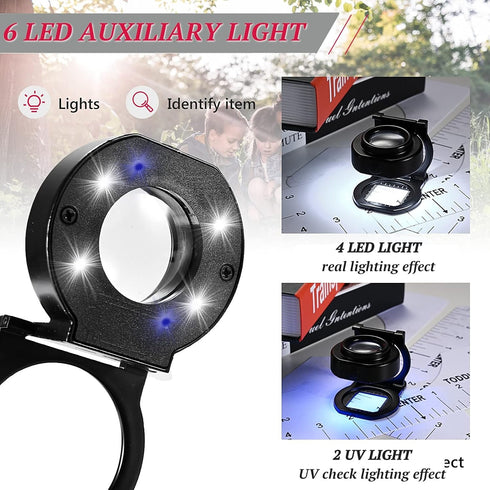 25X Loupe Magnifier with 6 Light, USB Rechargeable Three-Folding Desktop Portable Metal Eye Loupe Scale Sewing Magnifing Glass for Textile Optical...