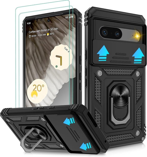 for Pixel 7 Case, Google Pixel 7 Case with 2 HD Screen Protector + Slide Camera Cover, 360° Magnetic Ring Holder Kickstand [Military Grade Shockpr...