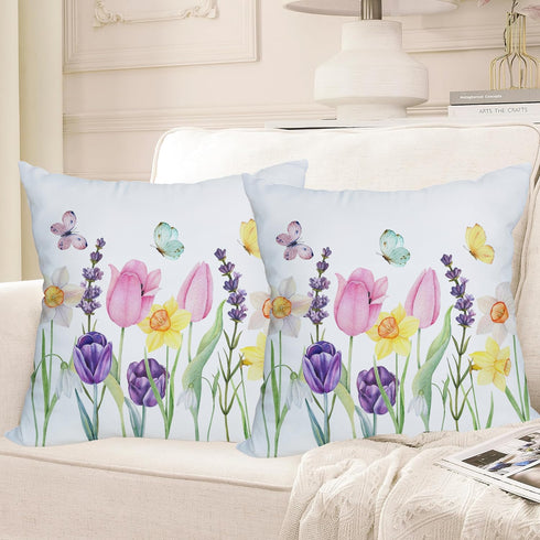 2 Pack Waterproof Spring Floral Pillow Covers 16x16 Inch Pink Tulip Flower Lavender Butterfly Throw Pillow Covers Outdoor Spring Summer Farmhouse ...