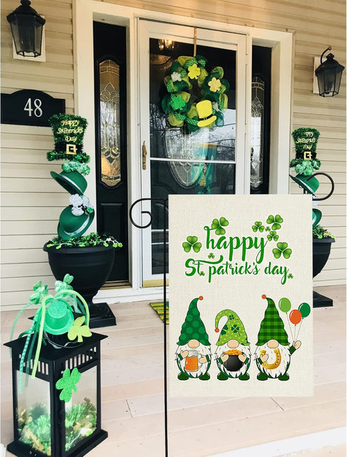 Happy St Patrick’s Day Garden Flag Gnomes for Outside Yard 12 x 18 Inch Double Sided Burlap Saint Patty’s Day Flags St Patricks Gnome Outdoor Deco...